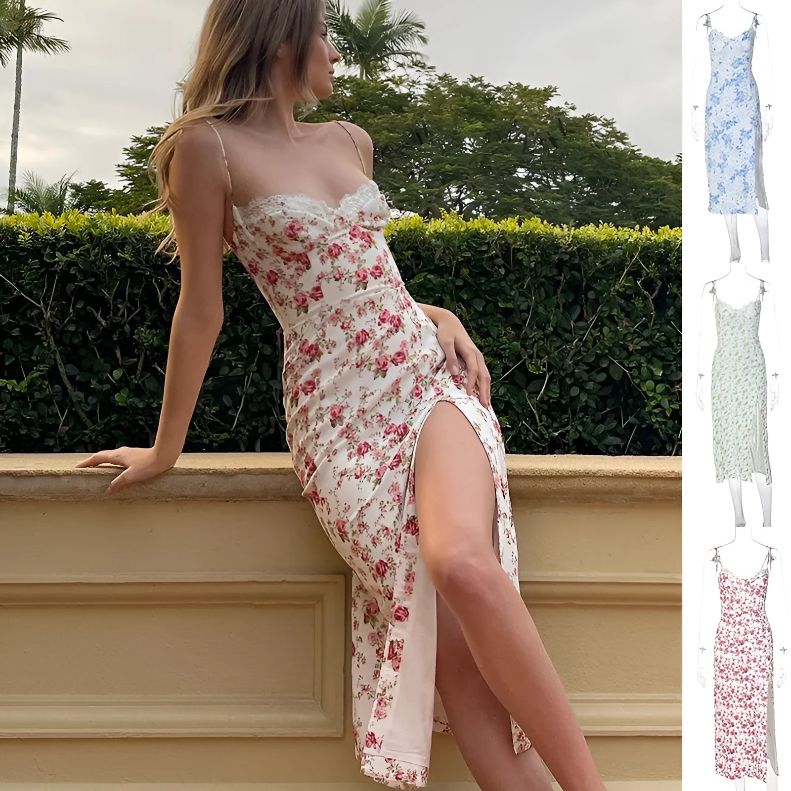 Women's floral lace print long dress with suspender straps and a thigh slit, shown in blue.