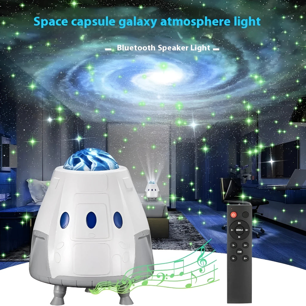 Space capsule shaped galaxy atmosphere projection lamp in white or grey with USB cable and remote.