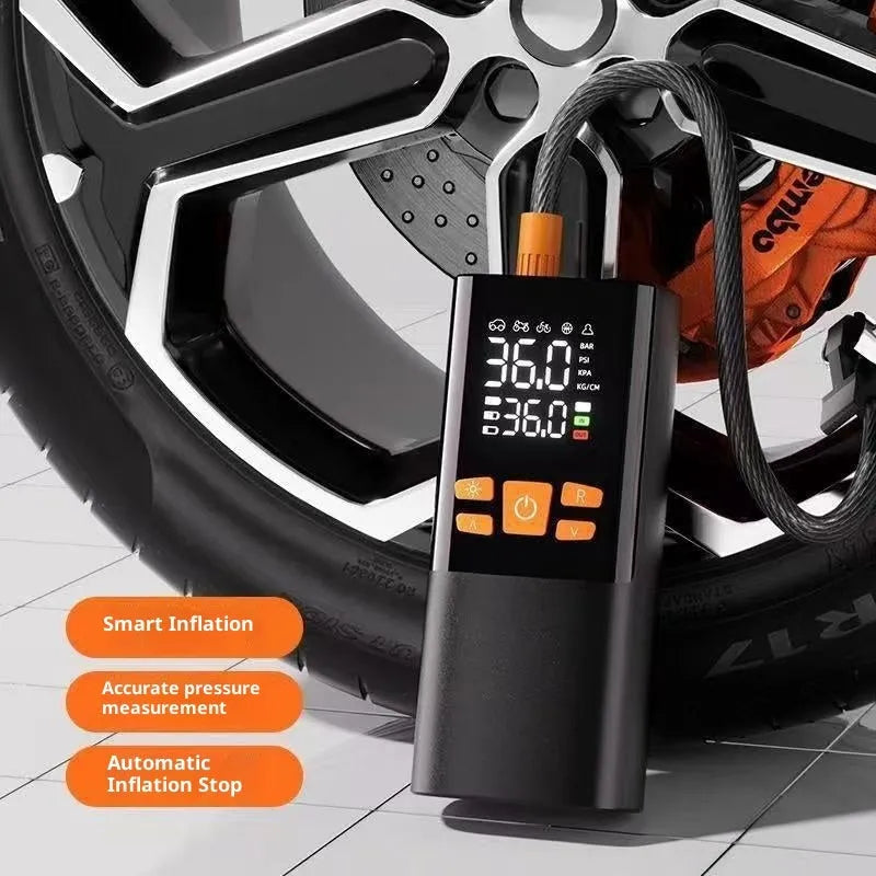 Wireless black tyre inflator with ABS body, tire pressure gauge, and warning light on a car tyre