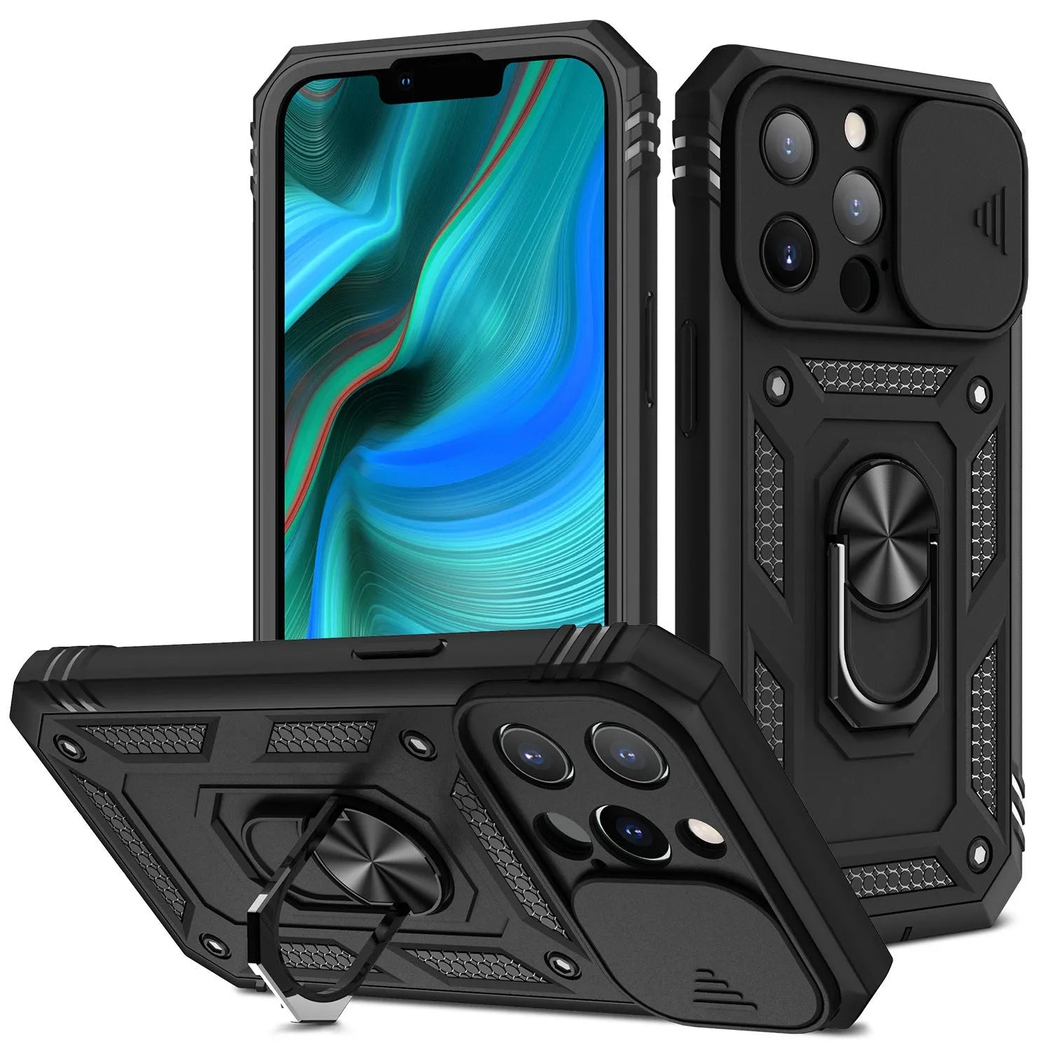 Magnetic sliding bracket phone case for Apple iPhone in sapphire blue, grey green and pink colour combinations