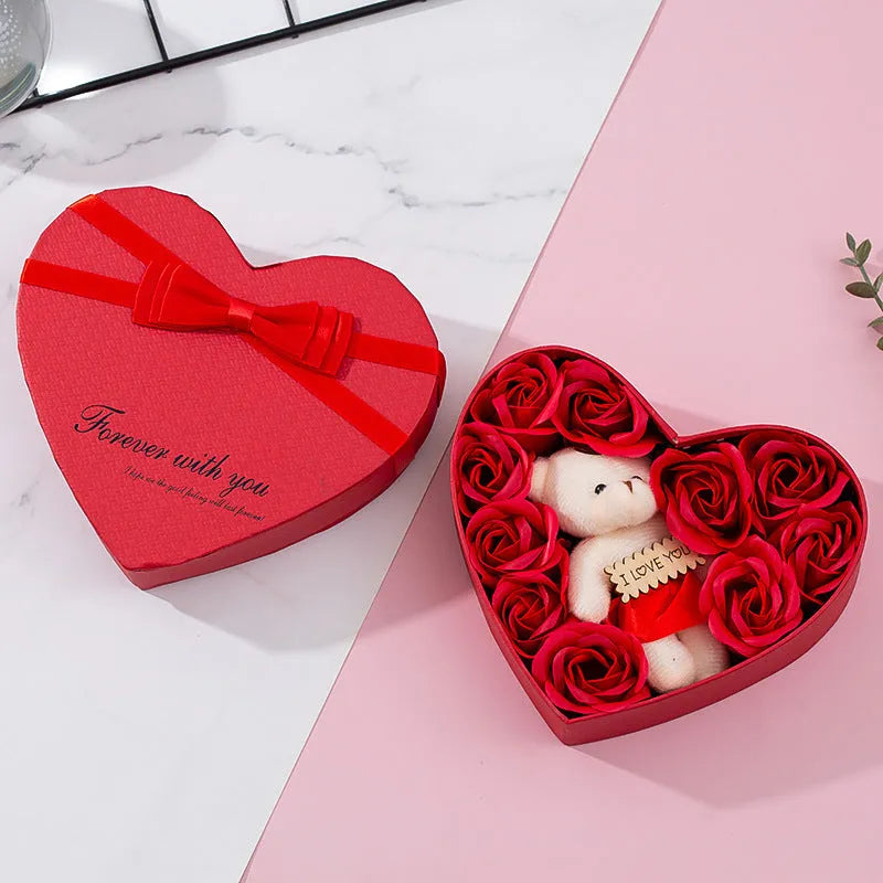 Red heart-shaped gift box with rose-shaped soaps for Valentine's Day or Christmas gifting