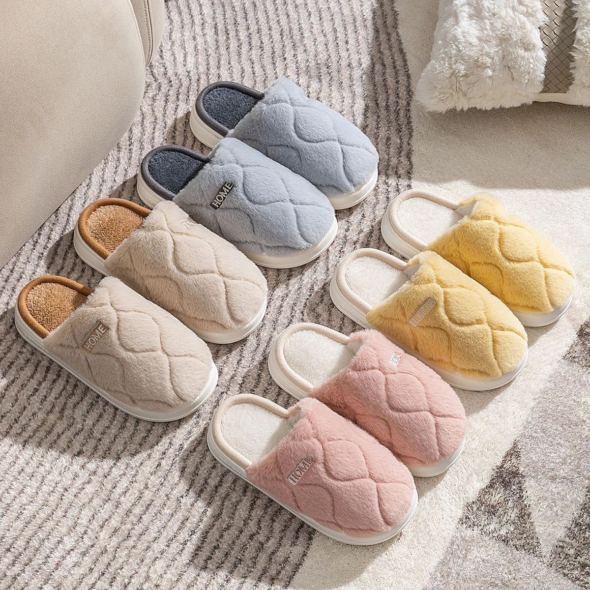 Cozy plush slippers with soft, plush upper material and durable PVC sole for comfortable and secure indoor wear