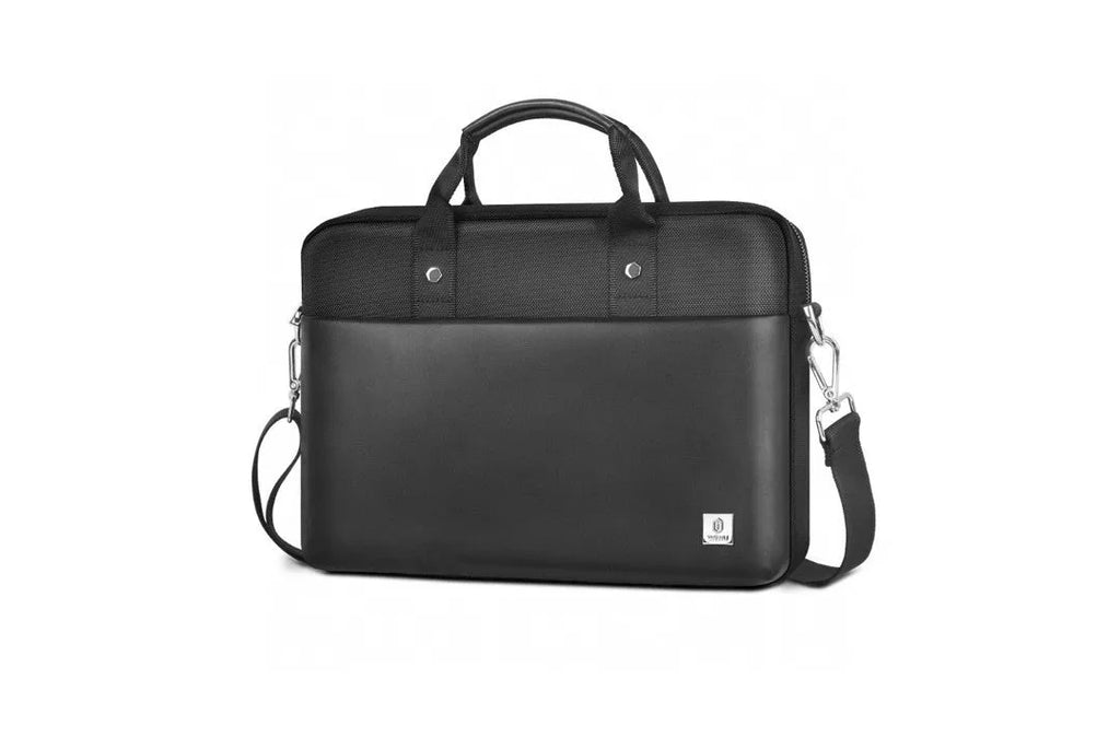 Black Oxford cloth laptop backpack showing multi-pocket design and separate padded computer compartment.