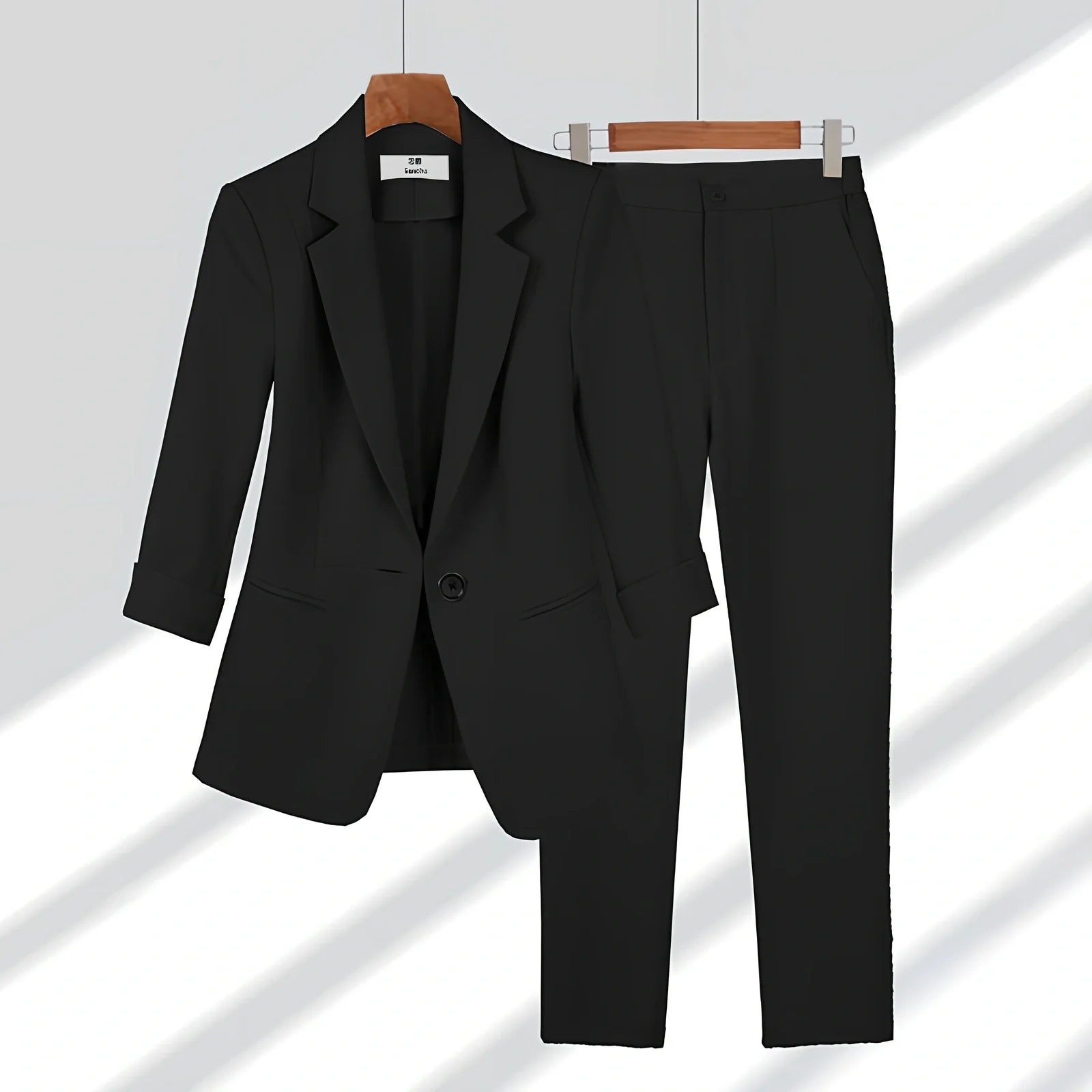 Women's beige blazer set: single-breasted lapel jacket with long sleeves and straight zipper trousers, polyester, sizes S-4XL