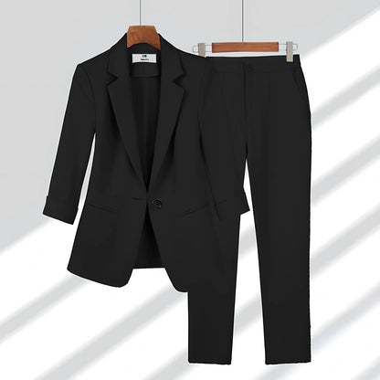 Women's beige blazer set: single-breasted lapel jacket with long sleeves and straight zipper trousers, polyester, sizes S-4XL