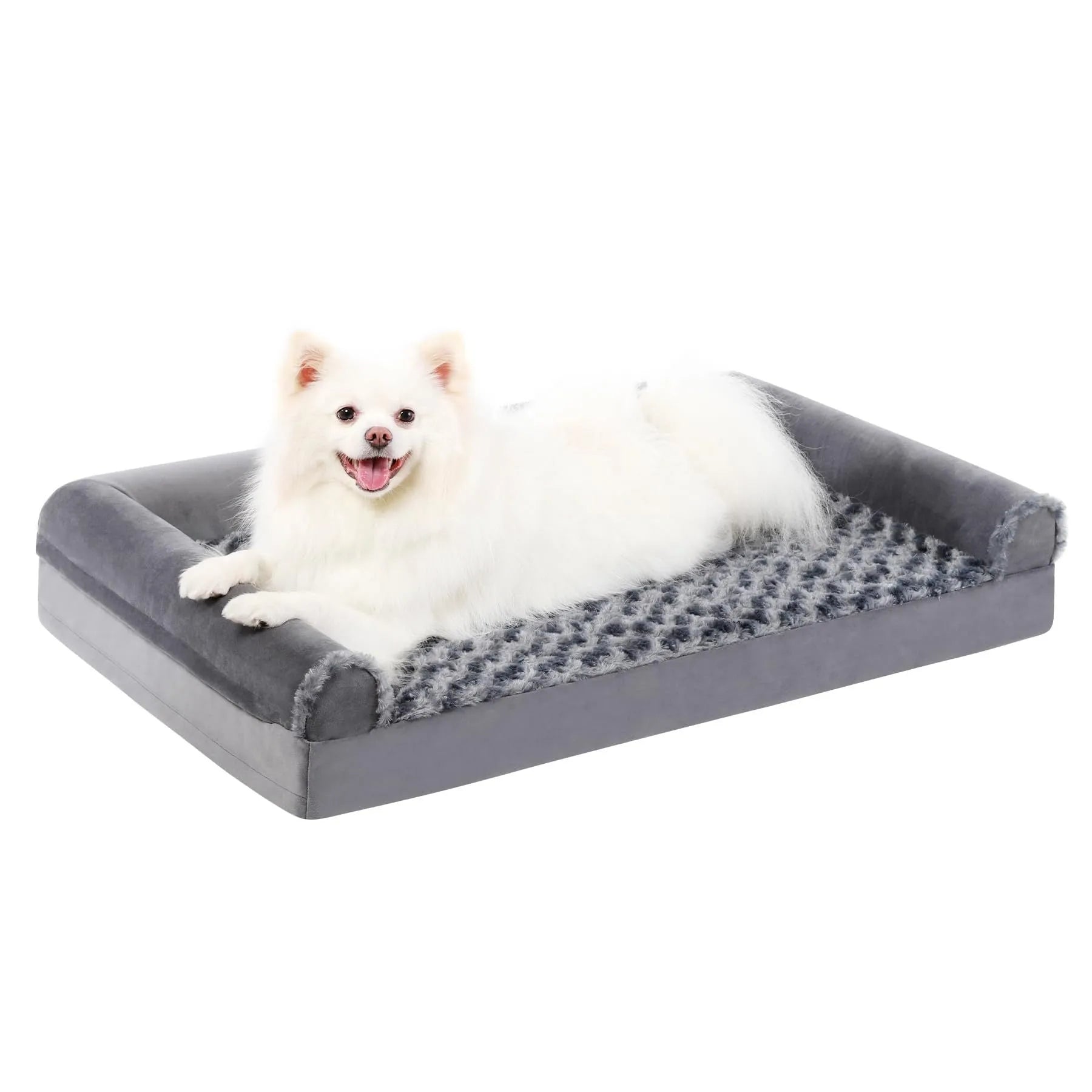 Grey U-shaped dog sofa bed with textured velvet cover and sponge padding.