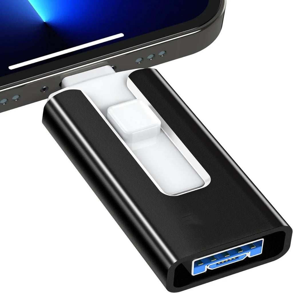 Multifunctional metal USB thumb drive with push-pull mechanism, Lightning and OTG connectors, in black