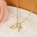Gold geometric pendant necklace featuring the Virgin Mary on a chain.