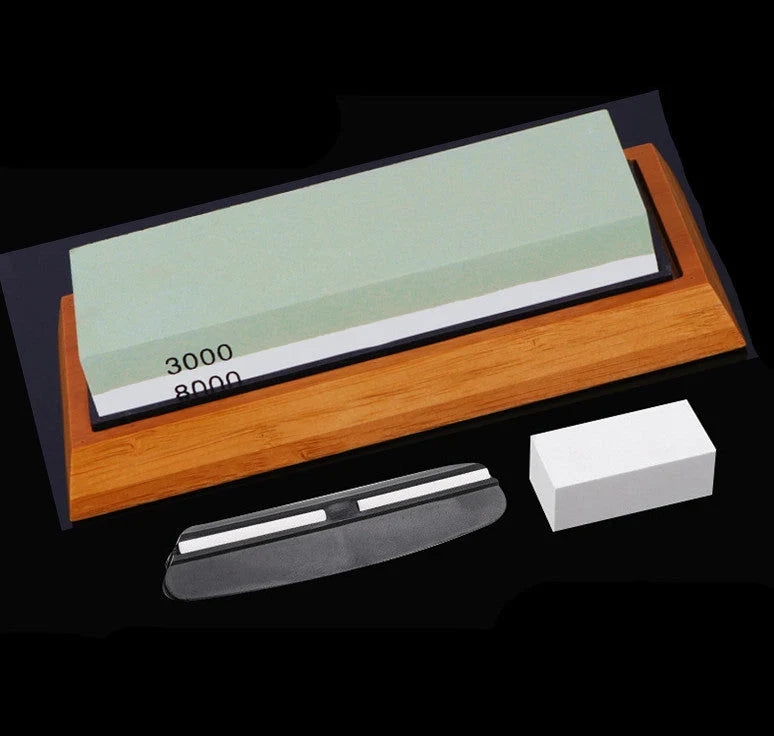 Home kitchen whetstone set with bamboo base and accessories for knife sharpening