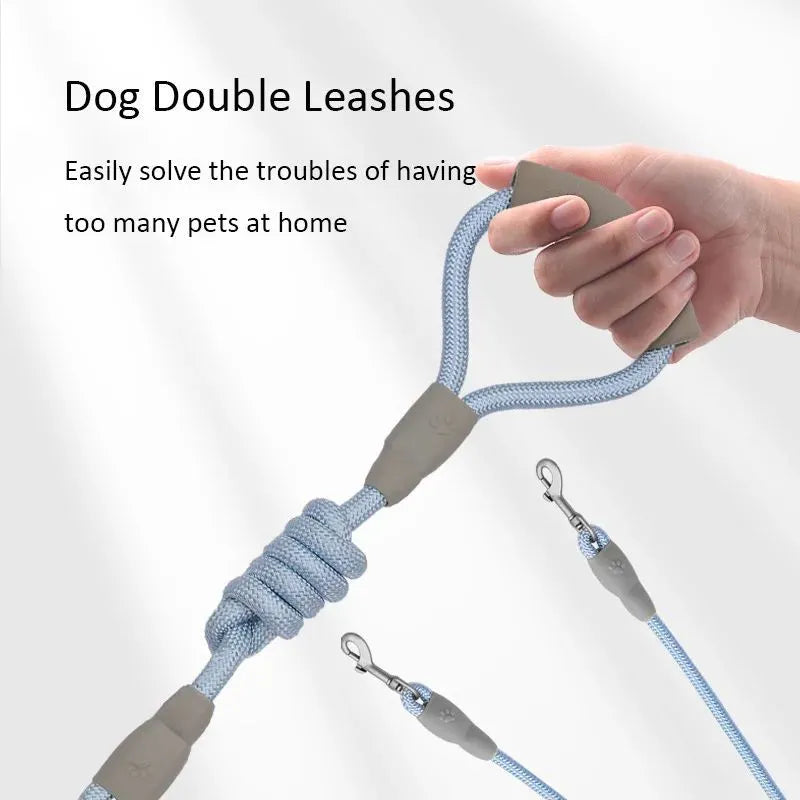 Blue double dog leash with soft foam handle for walking two small dogs