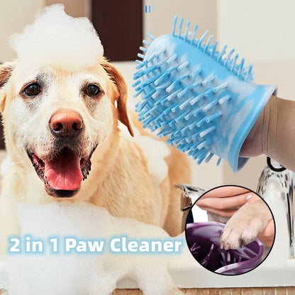 2-in-1 dog paw cleaner and brush in blue, navy blue, purple, pink colors for small and large pets