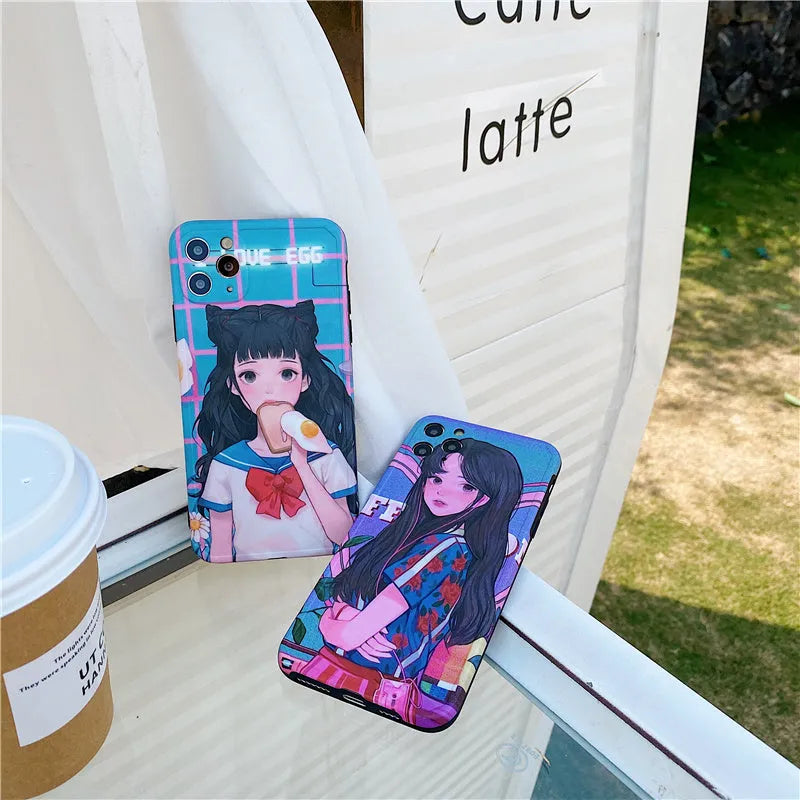 Soft rubber iPhone case with Japanese manga girl eating bread design for iPhone 11