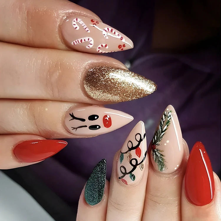 Christmas false nails with festive hat, striped, and snowflake designs for holiday parties