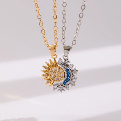 Sun and Moon Magnetic Pendant Clavicle Chain Necklace for couples in copper with geometric design