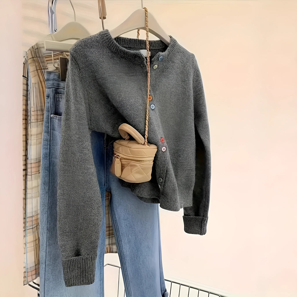 Dark grey women's polyester cardigan sweater with button front and long sleeves