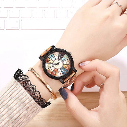 Casual vintage leather women's quartz wrist watch with round dial and stainless steel buckle