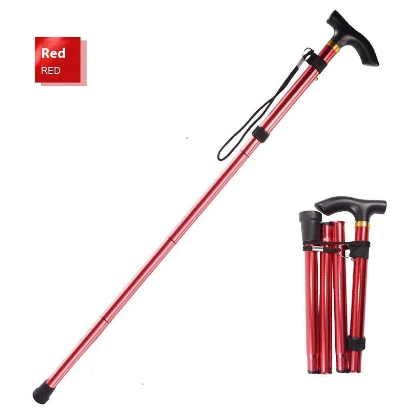Adjustable aluminium folding walking stick in a selected colour, shown extended and folded.