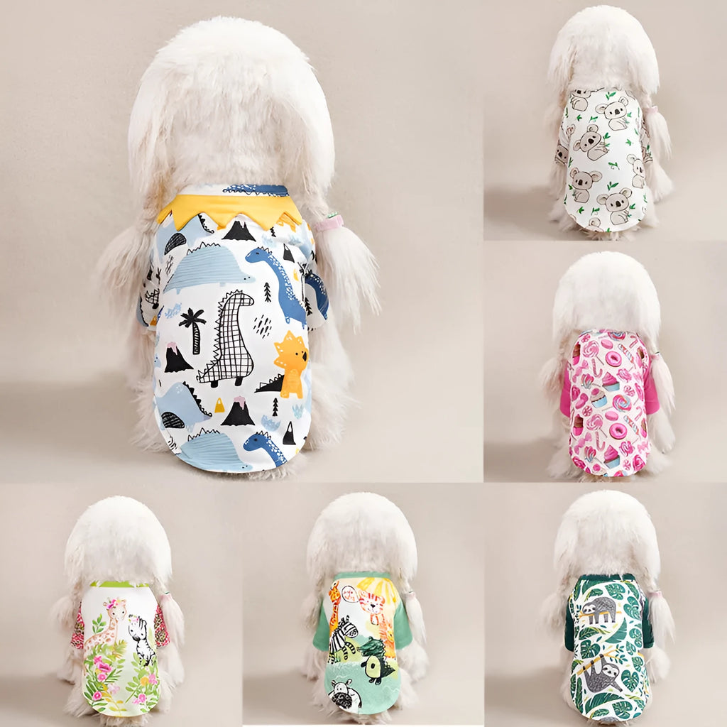 Full printed polyester casual t-shirt for small dogs in various colours with size chart showing bust and back length measurements