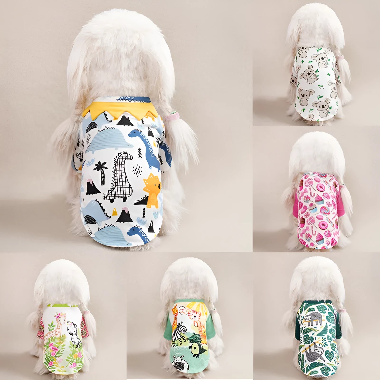 Full printed polyester casual t-shirt for small dogs in various colours with size chart showing bust and back length measurements