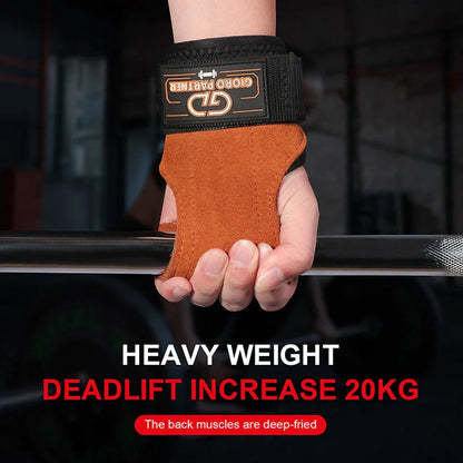 Brown-red cowhide palm protectors for weightlifting with non-slip leather surface