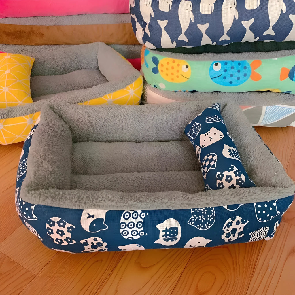 Linen moisture-proof dog bed in blue whale colour with five size options from S to XXL