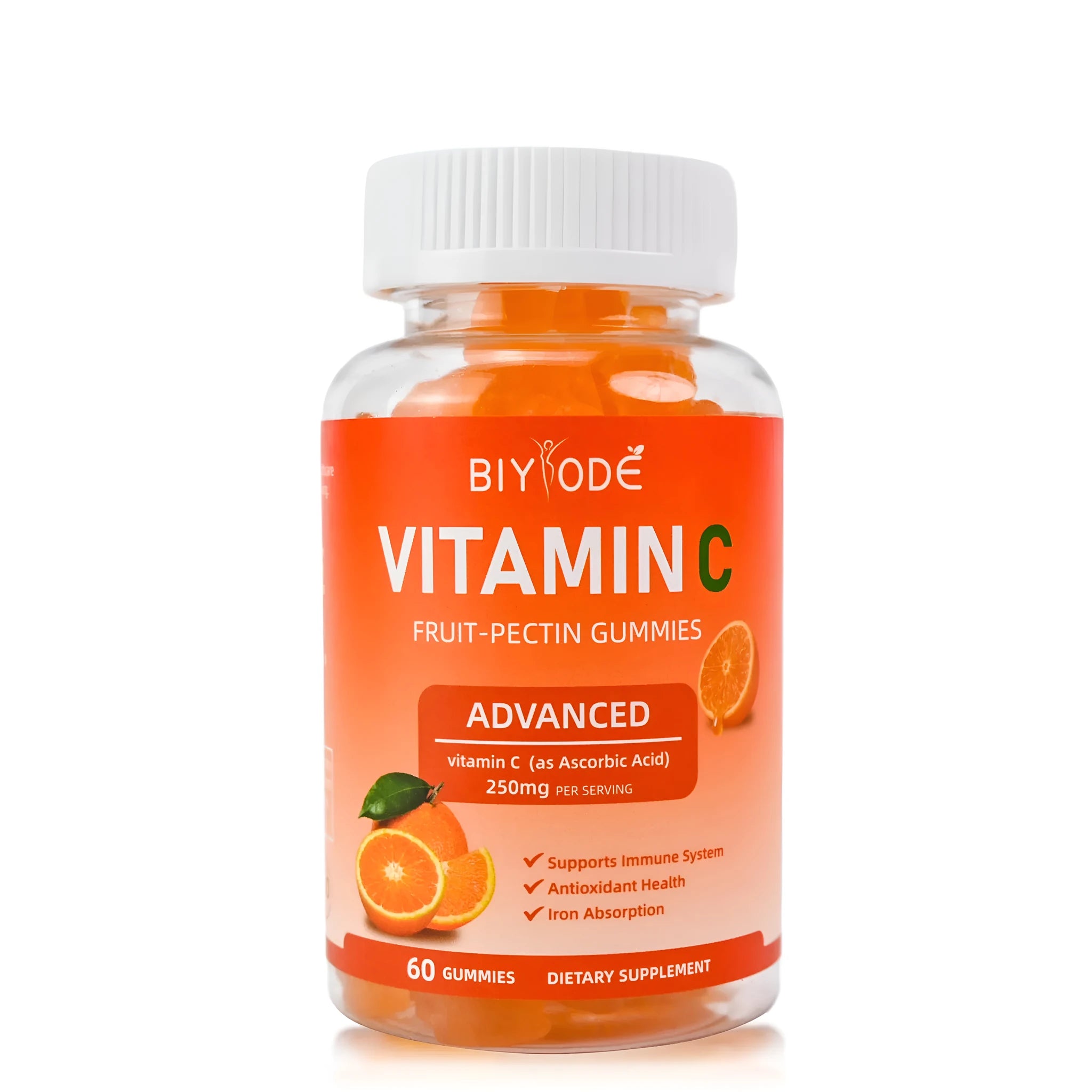 Vitamin C gummies in a bottle, vegan sugar-free immune support supplement, 60 gummies per container