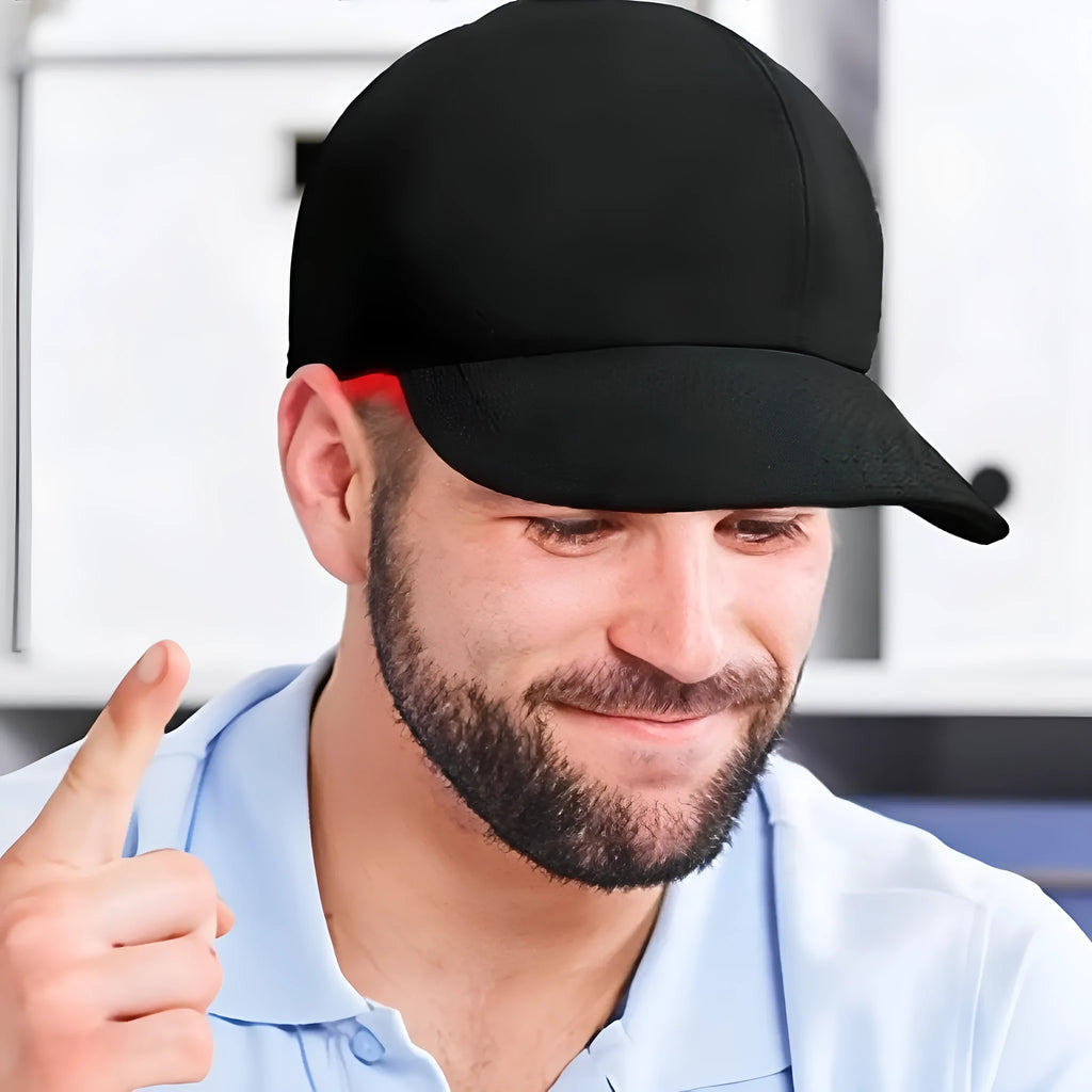 Black duckbill-style infrared peaked cap for hair growth with red LED lights and controller