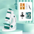 Portable microscope set with teaching aids and specimen slides for educational use in white-green colour