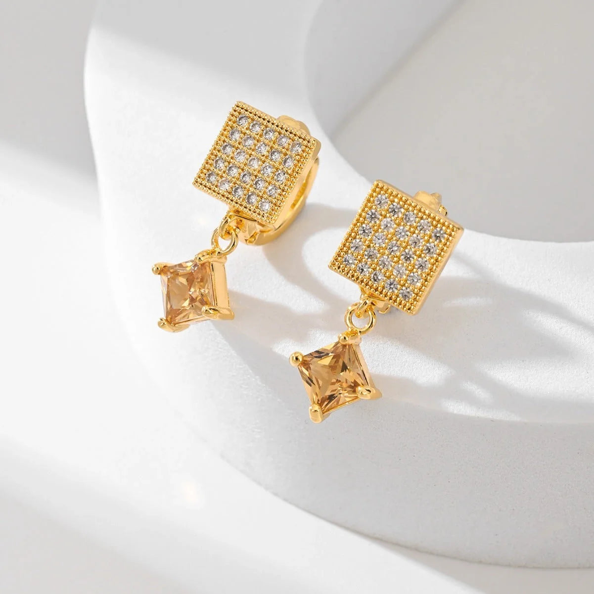 Square zircon stud earrings in six colours: black, red, green, white, champagne, and pink.