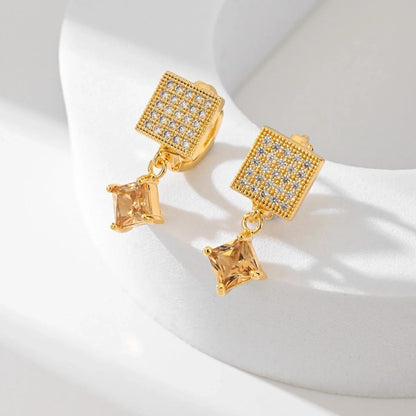 Square zircon stud earrings in six colours: black, red, green, white, champagne, and pink.