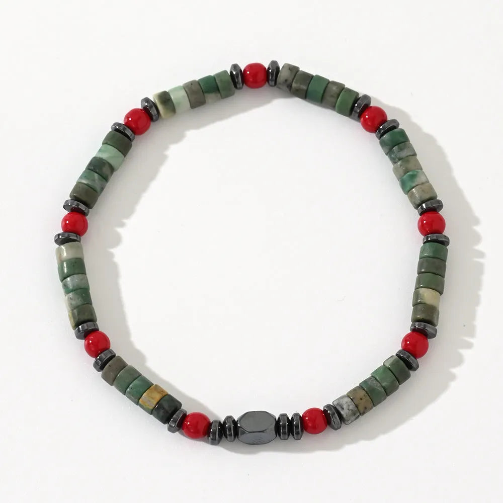 Men's Bohemian cylindrical natural stone beads string bracelet hand-woven construction