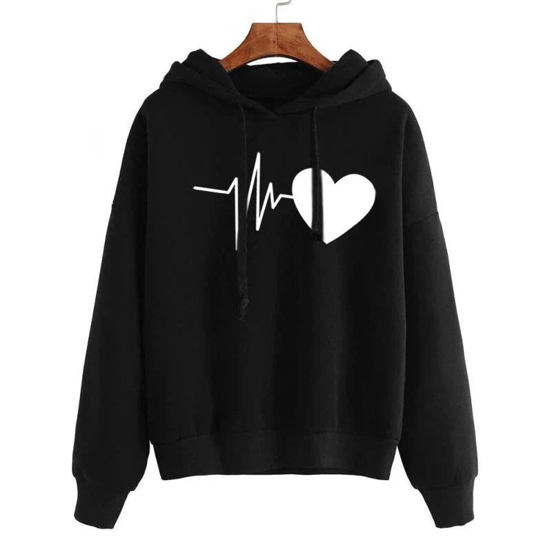 Women's Heart Print Streetwear Hoodie in various colours and sizes
