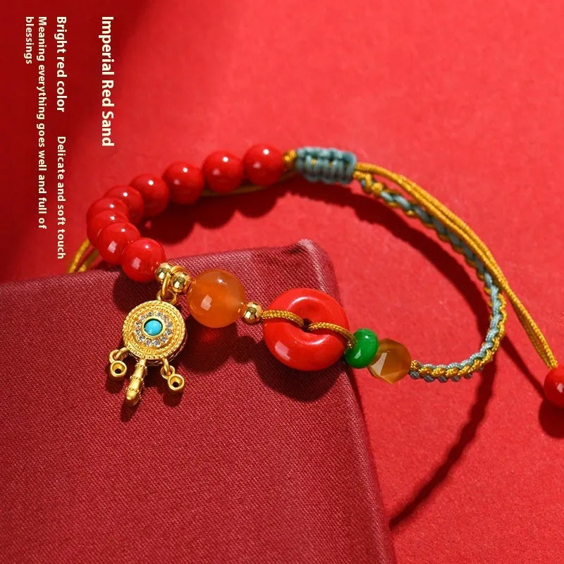 Emperor red sand cinnabar peace buckle bracelet with hand-woven geometric design