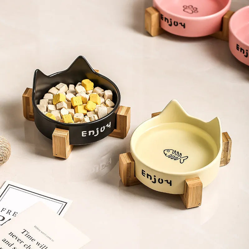 Porcelain cat bowl with cat ear design and wooden frame in choice of colours and patterns