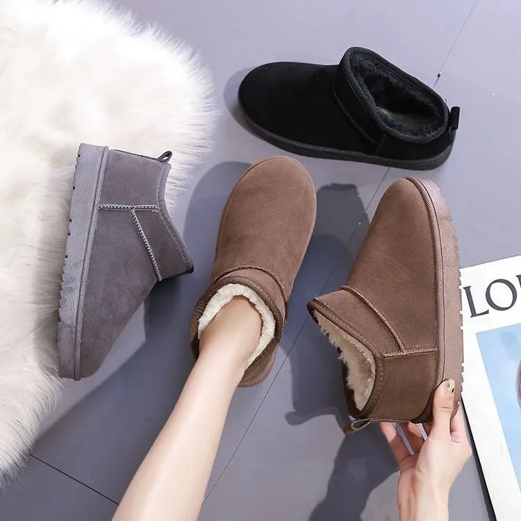 Women's thickened plush hollow-out overshoe boots in brown with PU leather upper and artificial hair insole
