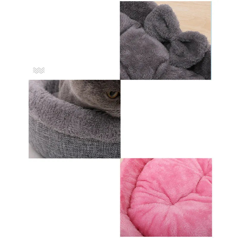 Heart-shaped pet nest for cats or small dogs made of linen and Arctic wool available in grey and pink in three sizes