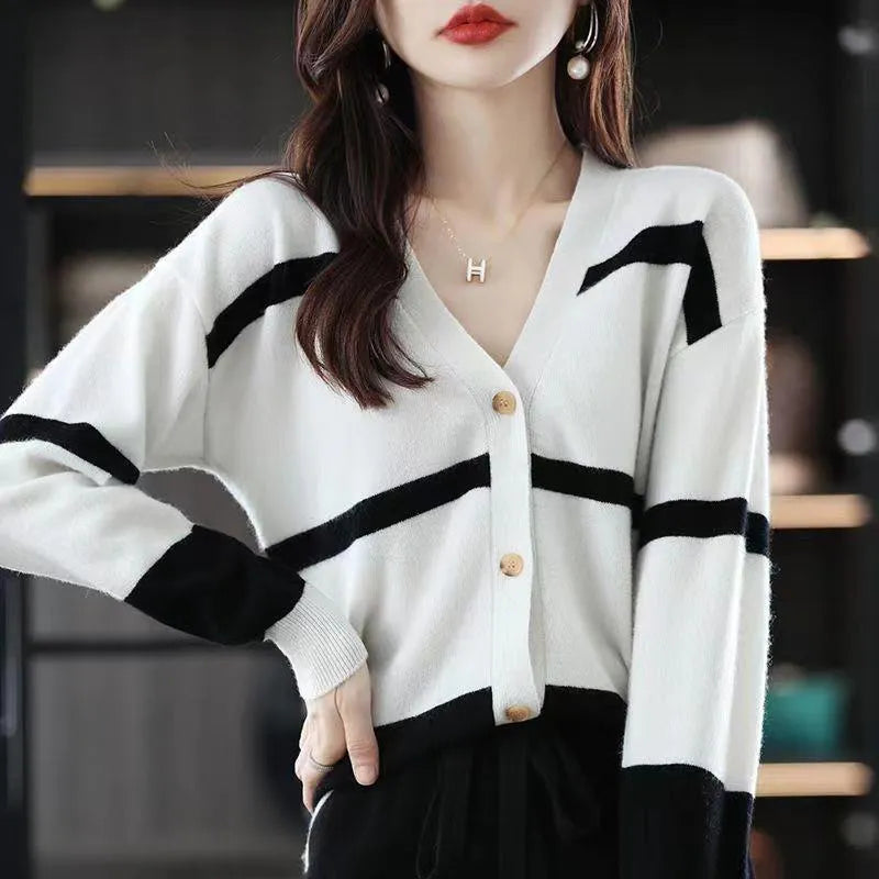 Women's striped V-neck button cardigan with 3D pattern in multiple colour options
