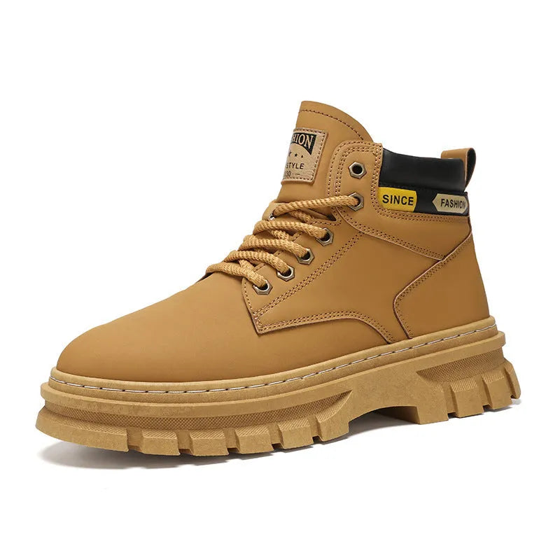 Men's brown lace-up Martin boots with round toe and rubber sole on a neutral background.