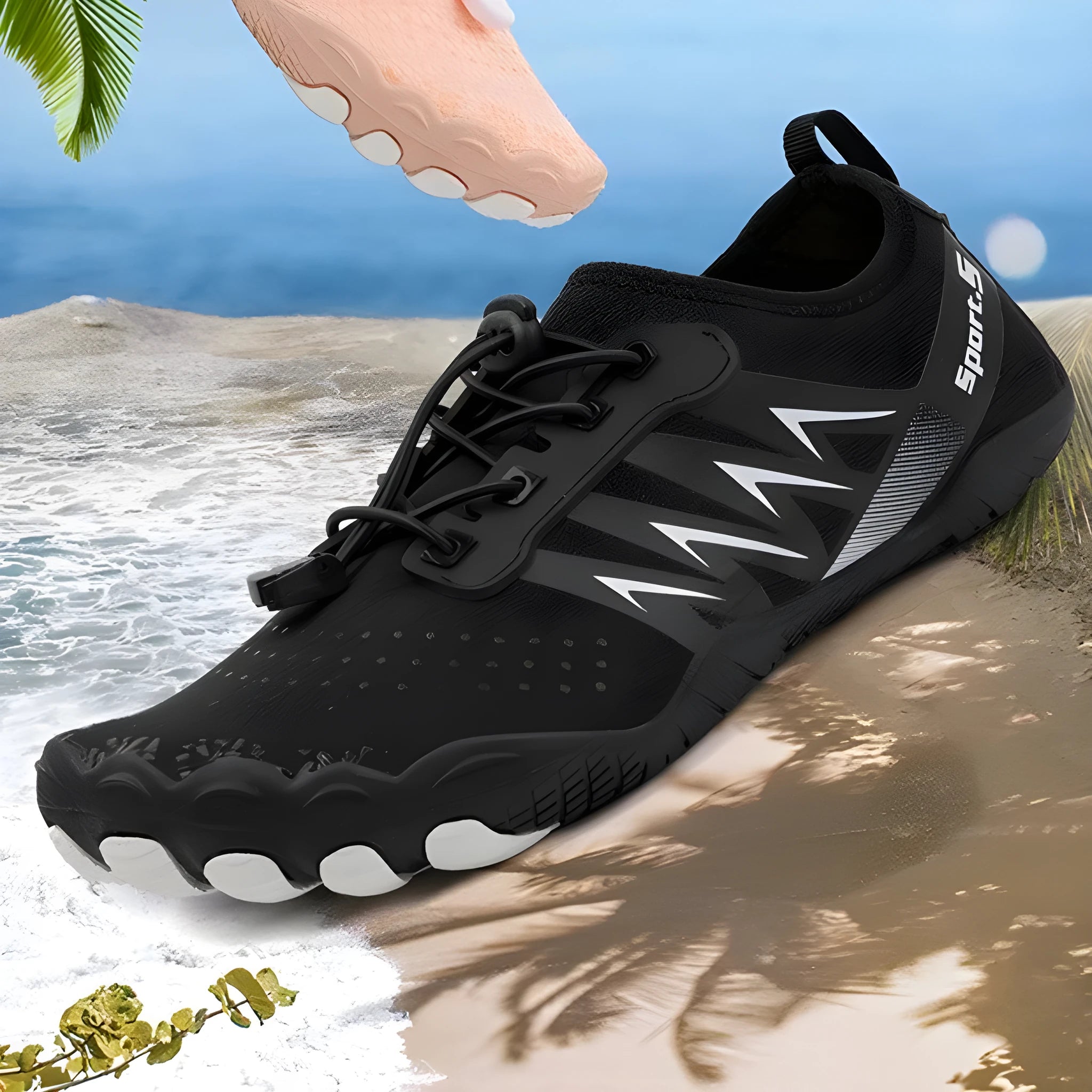 Quick-drying river tracing shoes in apricot colour with mesh upper and rubber sole.