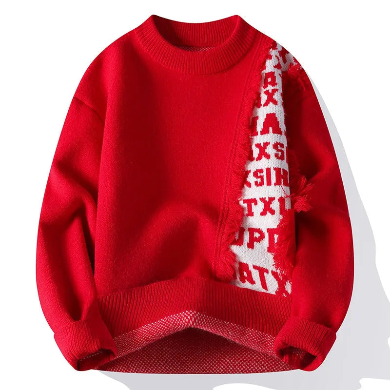 Men's loose-fit knitted pullover jumper in rabbit fur polyester blend, shown in black with a ribbed hemline.
