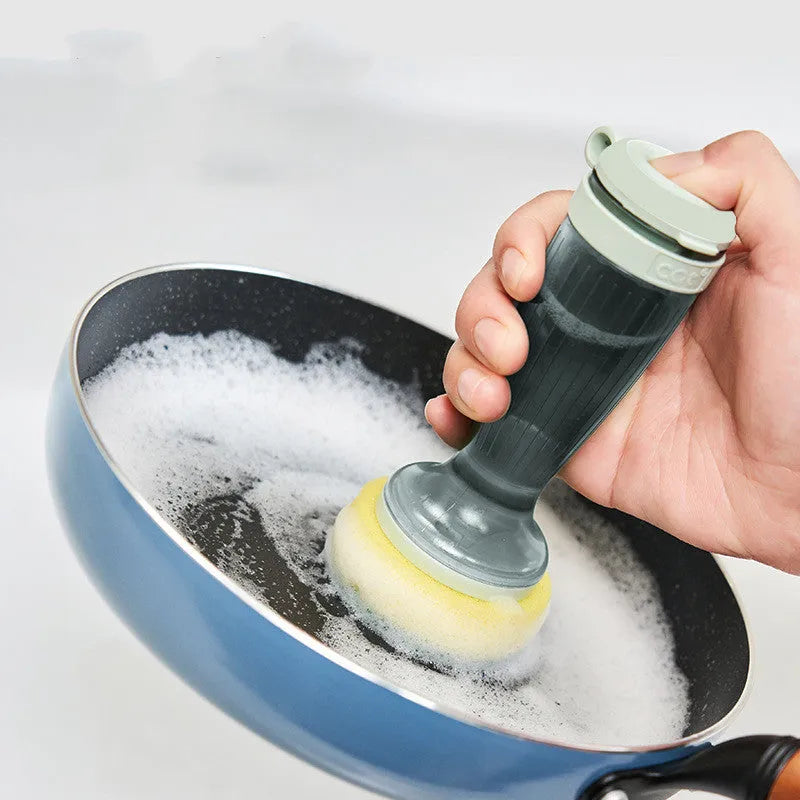 Pot brush with soap dispenser in mint green colour showing replaceable brush head and non-scratch bristles