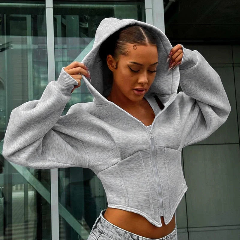 Y2K inspired women's zipper hoodie cardigan in grey and white with long sleeves