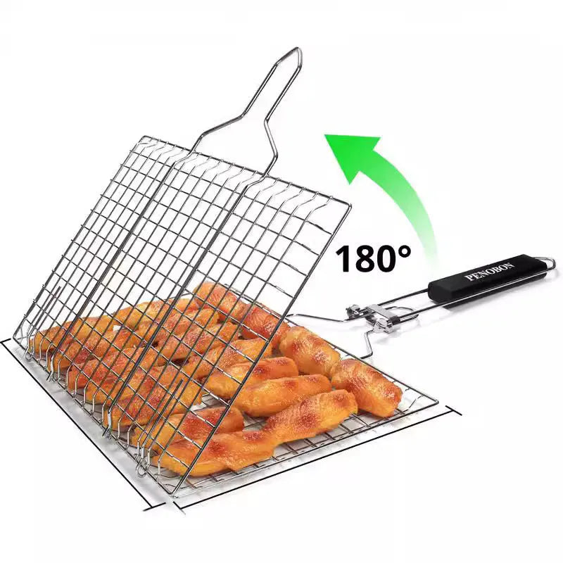 Square stainless steel folding barbecue mesh basket with a grill brush on a grey background.