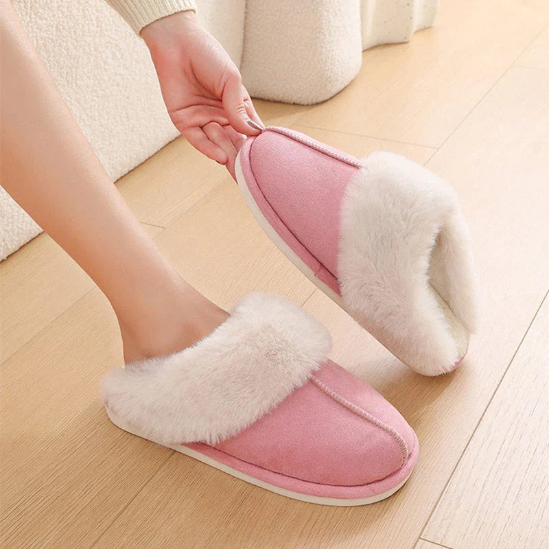 Cozy plush home slippers in a variety of colors, featuring a soft lining and non-slip sole for maximum comfort and traction