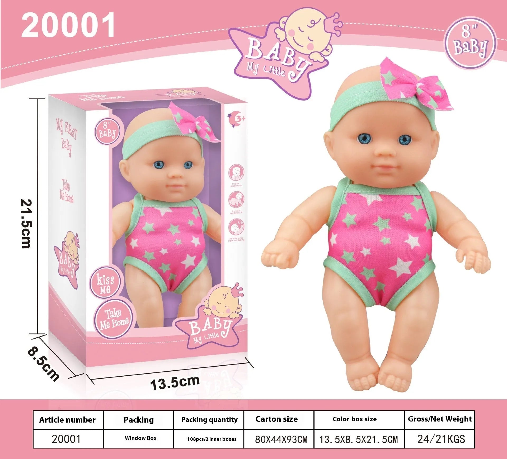 A detailed vinyl simulation baby figurine doll, showing its realistic features and proportions.