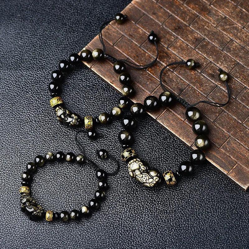 Hand-woven golden obsidian Pi Xiu bracelet with Chinese zodiac design