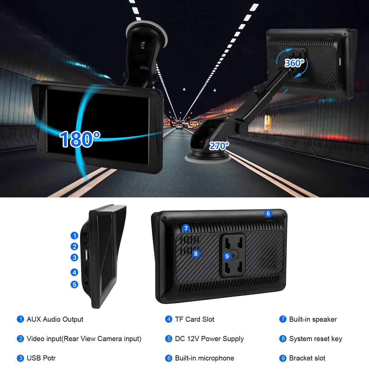 Portable 7-inch car stereo with wireless CarPlay and Android Auto touchscreen display