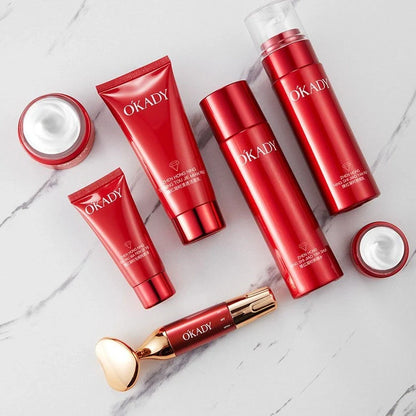 10-piece skincare set with facial cleanser, toner, essences, creams and liquid foundation