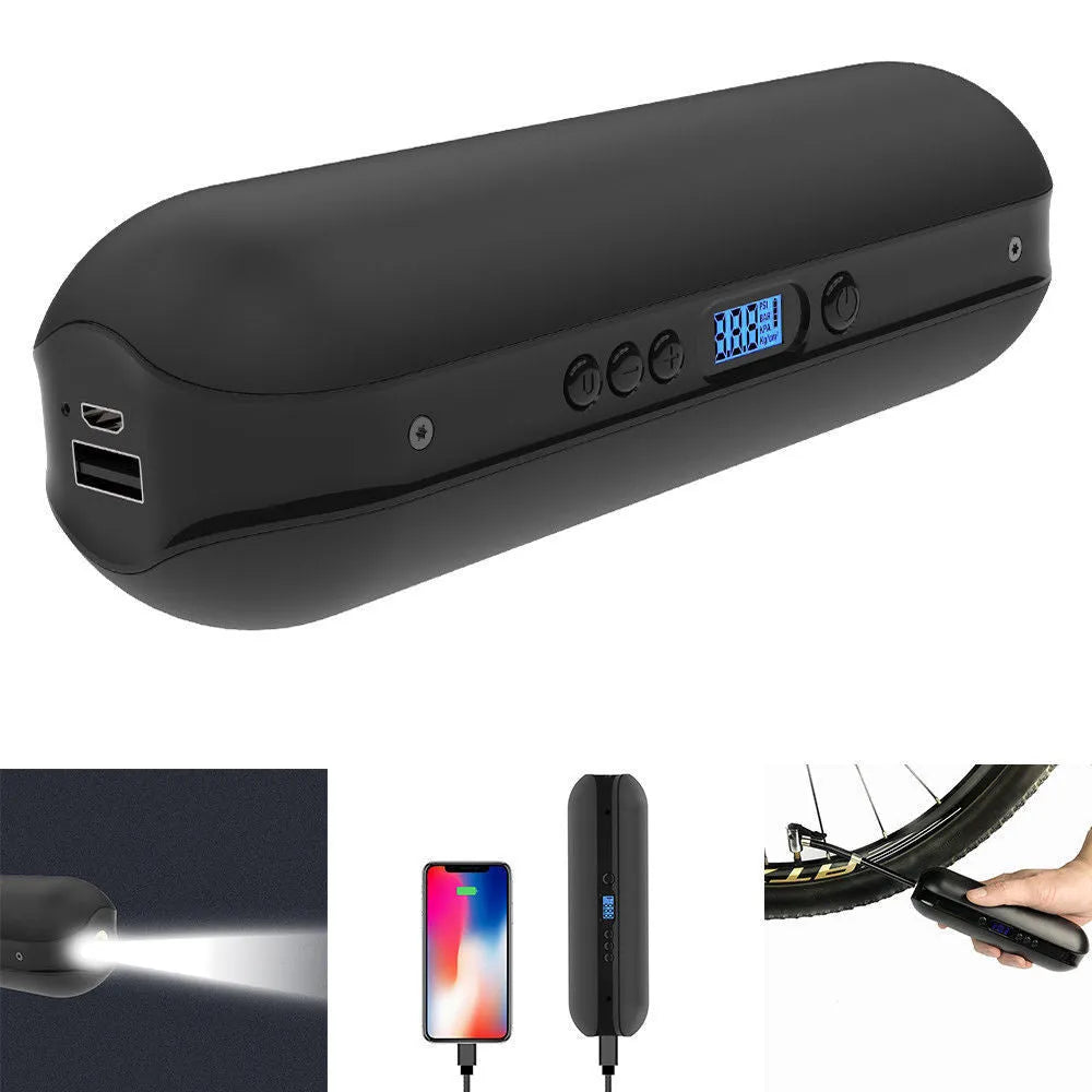 White portable electric tyre inflator with accessories on a non-slip mat, showing compact size and USB cable