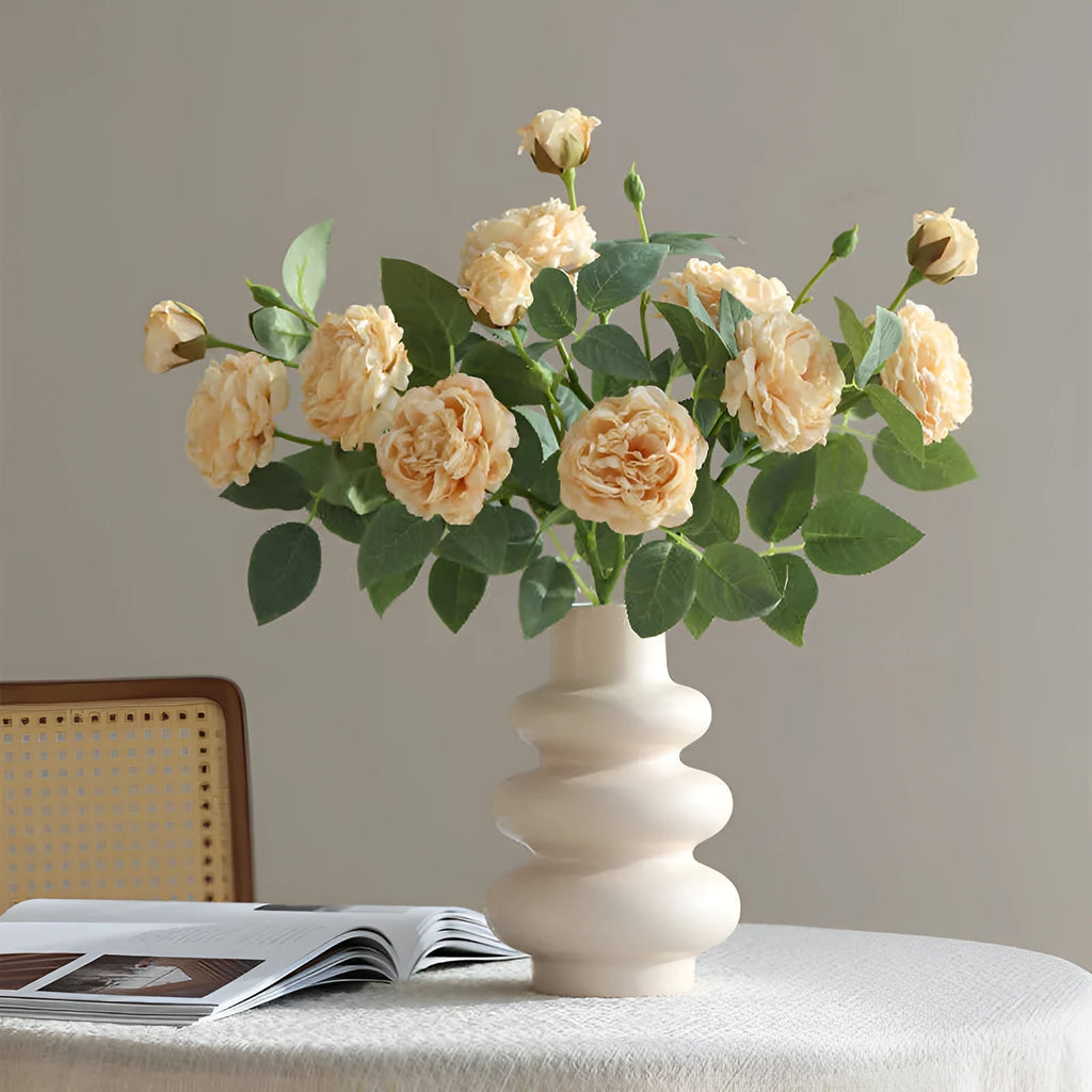 Three-head artificial silk rose with baked edge finish in beige for wedding decor and home decoration